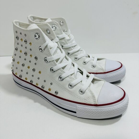 Converse Women US 8 Chuck Taylor All Star Hi Top Sneaker Gold silver Studs NWOB - Picture 3 of 10